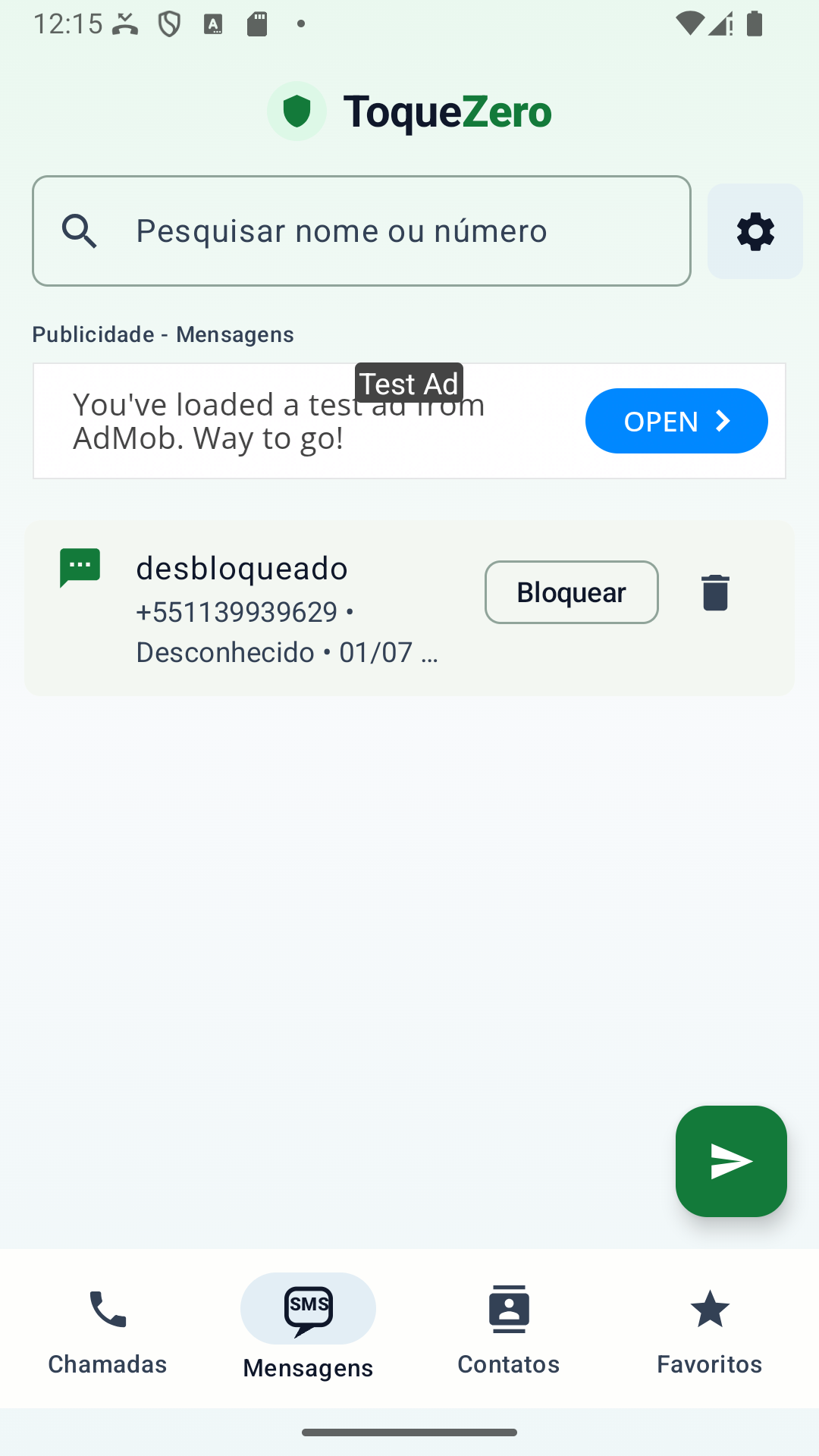 Tela de mensagens do ToqueZero